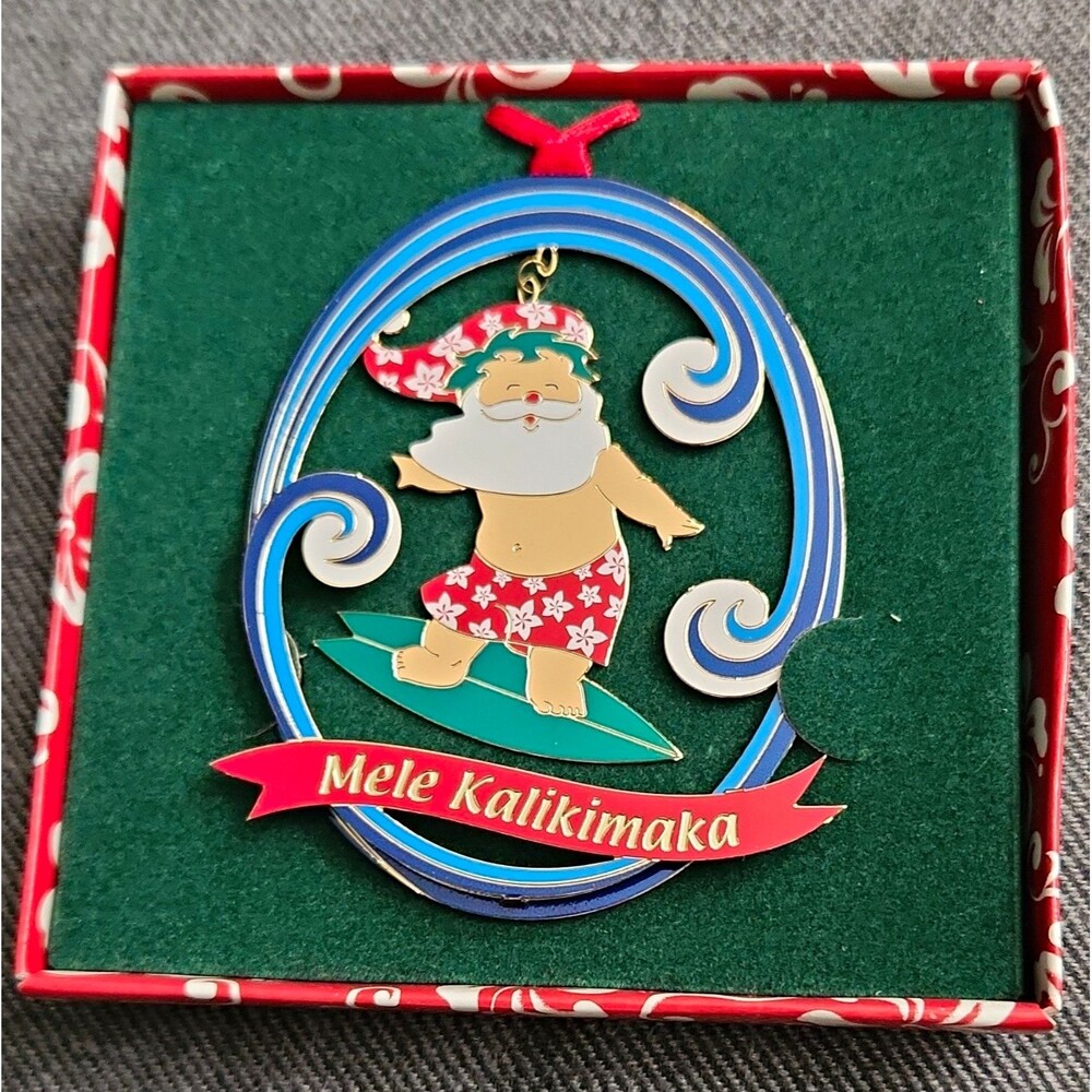 Island Heritage Hawaii Surf’s Up Santa Christmas Metal Ornament Mele Kalikimaka
